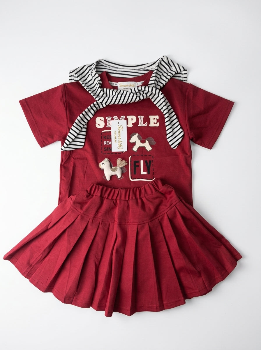 Conjunto Vino Tinto Simple Caballitos - camiseta y falda niña